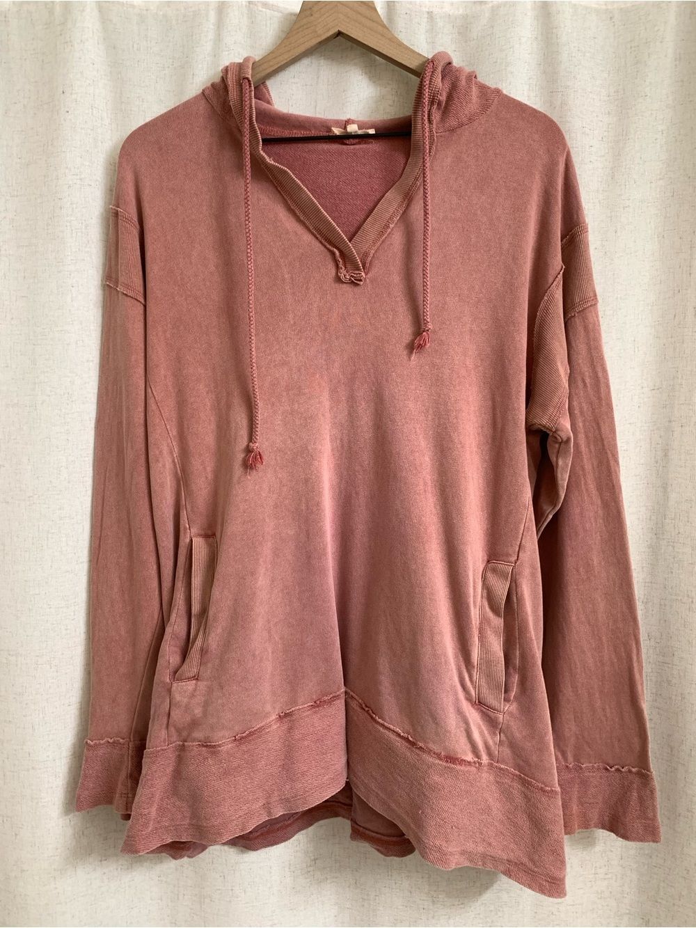 easel Cotton Mineral Washed Dusty Rose V-Neck Hooded Oversized Pullover Faded S